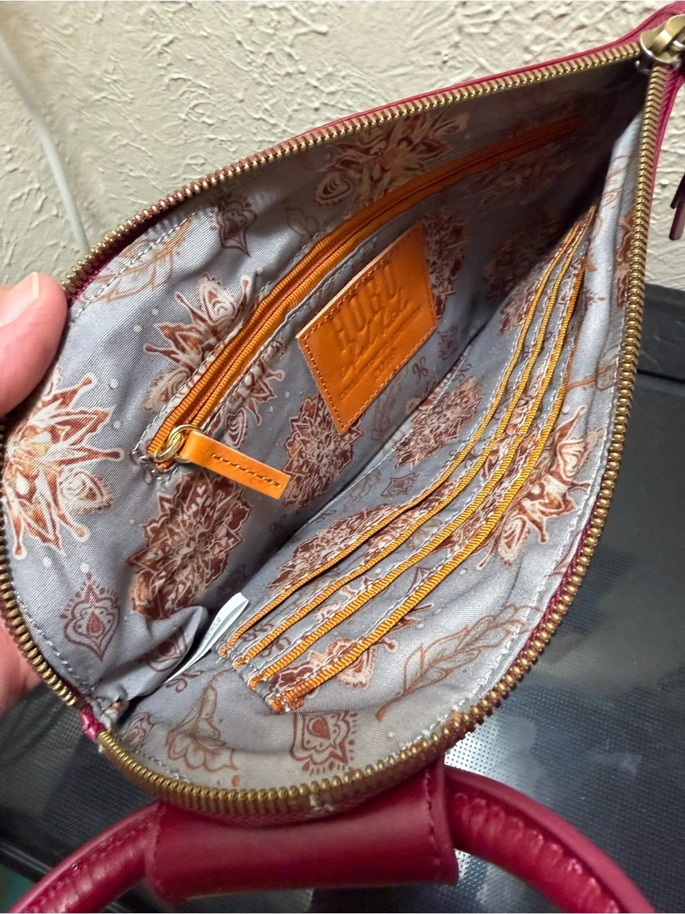 Stylish Red Leather HOBO Wristlet Clutch with Floral Embossing